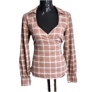 Marissa Webb Top Womens Size M Mia Light Plaid Flannel Wrap Cotton Blouse Wrap
